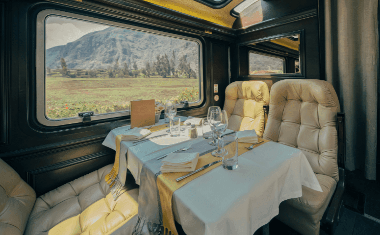 comfortable leather seats and table with white tablecloth