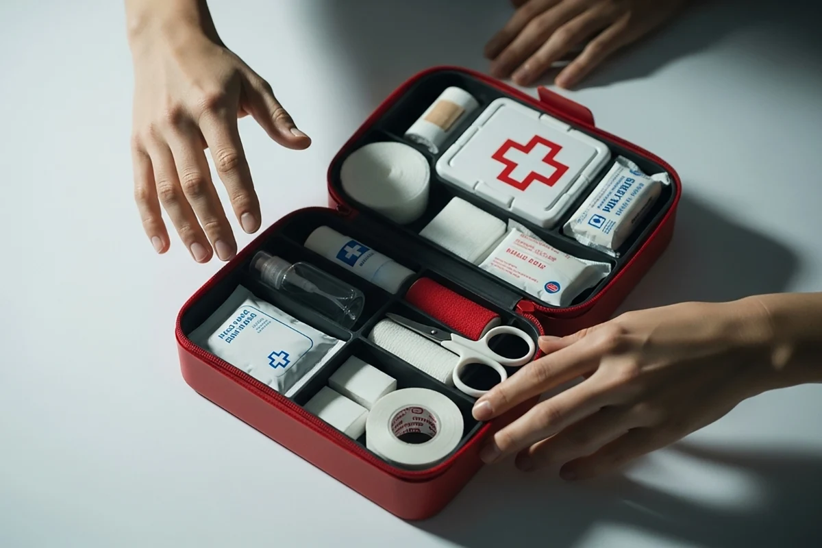 First aid kit on white table Peru with Exploor Peru