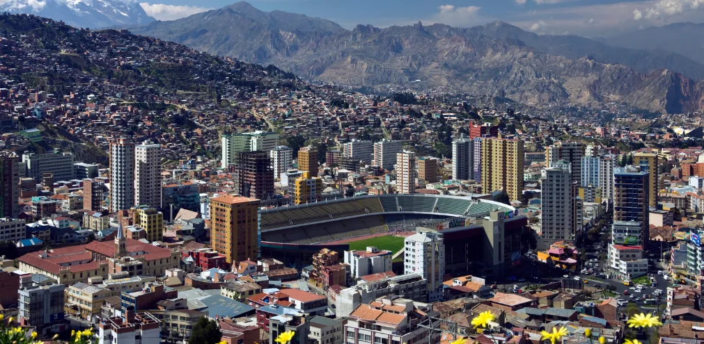La Paz Bolivia dramatic city panorama with snow-capped Andes mountains backdrop Peru with Exploor Peru