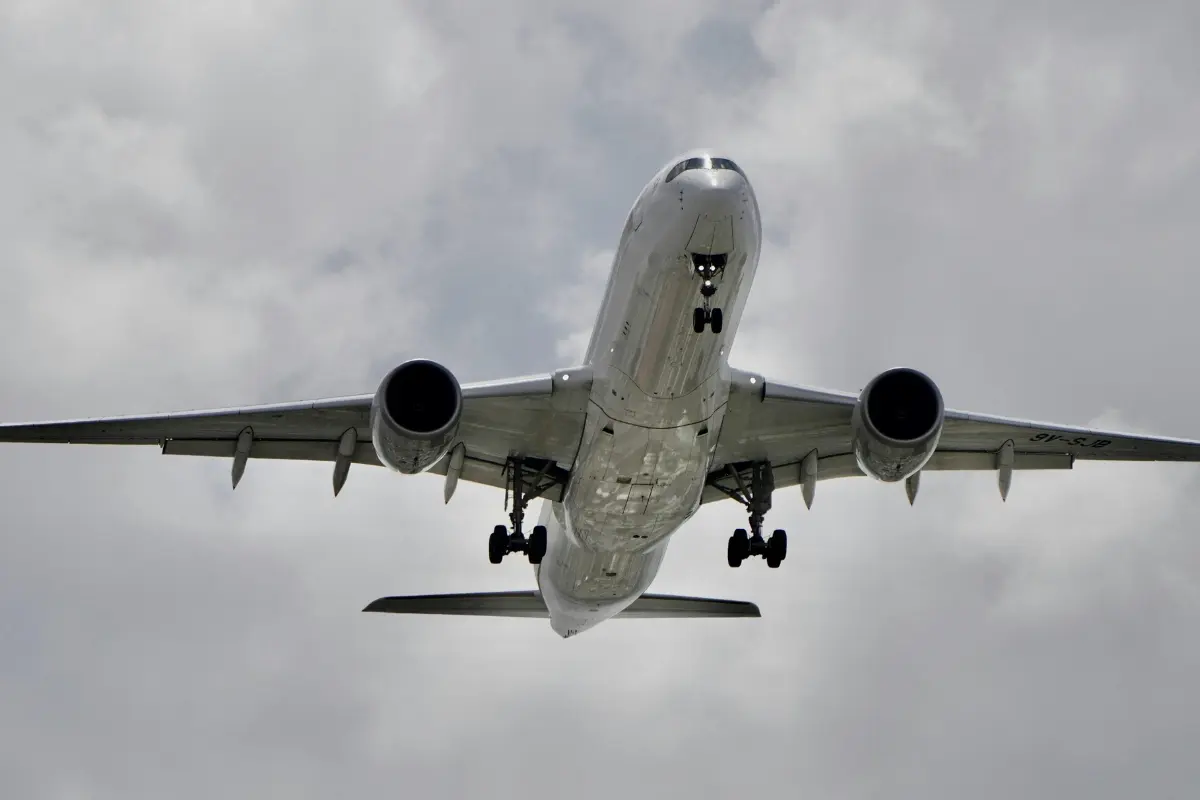plane in the air from below