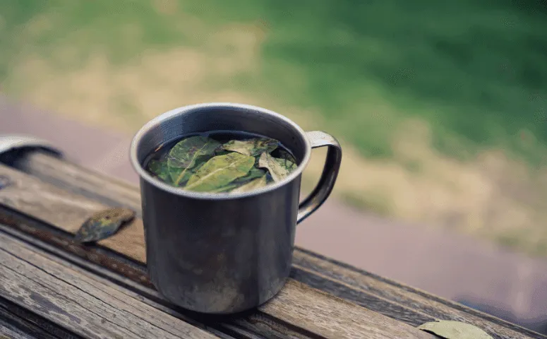 metallic cup with hot water, leaves on wooden table