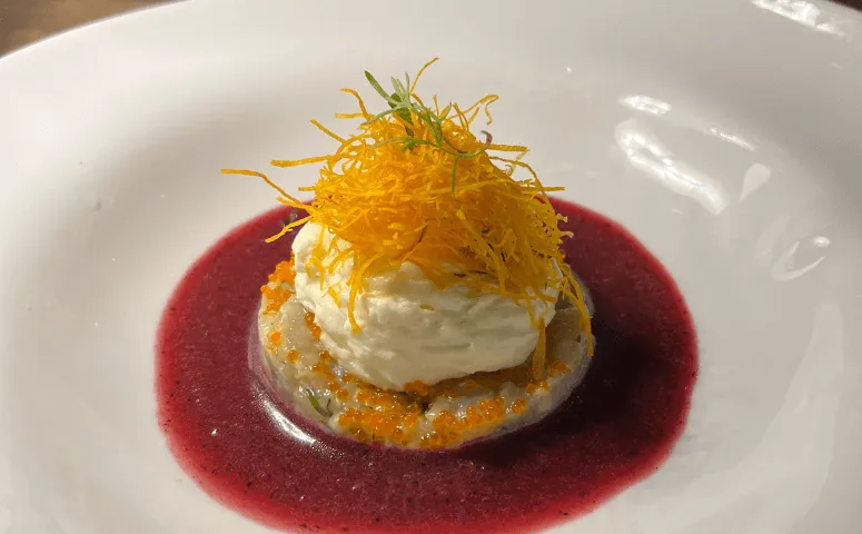 Comida gourmet servida en un plato blanco.