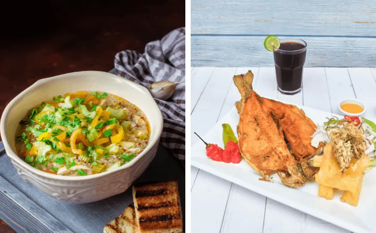 Quinoa soup in a bowl and fried trout with potatoes served on a white plate and chicha morada in a glass Lake Titicaca Peru with Exploor Peru
