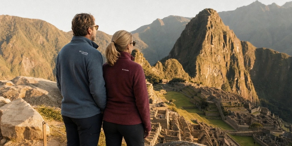 couple standing next to each other with sunglasses in front of machu picchu ruins