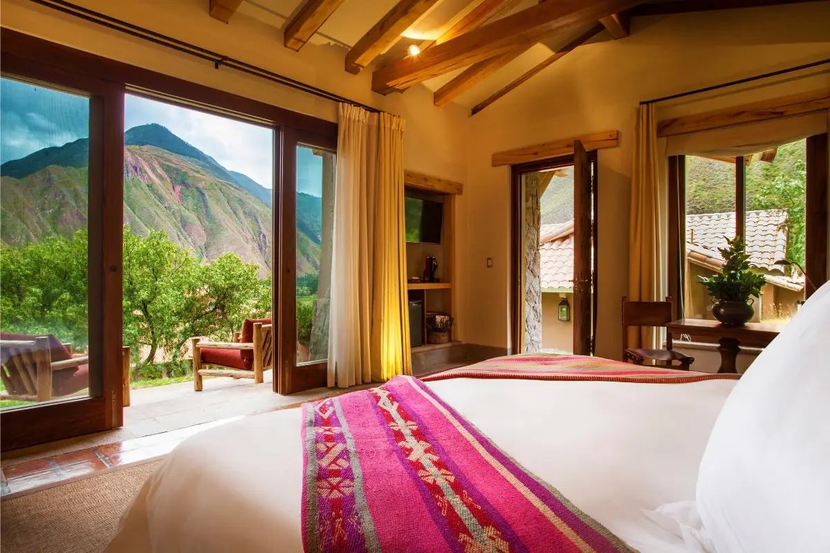 Guest room at Inkaterra Hacienda Urubamba overlooking the Sacred Valley